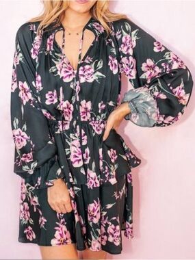 Tularosa Black Floral Long-Sleeve Mini Dress with Pink Flowers
